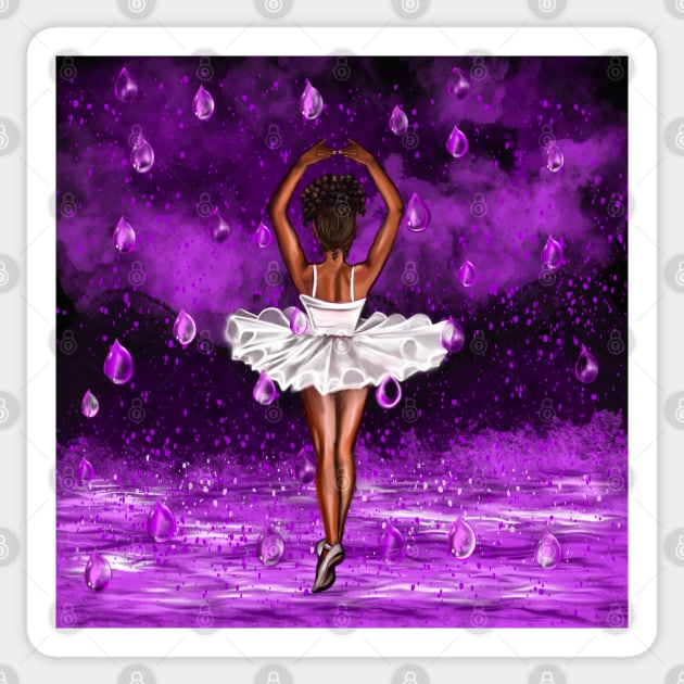 Black ballerina with white tutu dancing in the rain, ballerina among raindrops falling into Water Sticker by Artonmytee